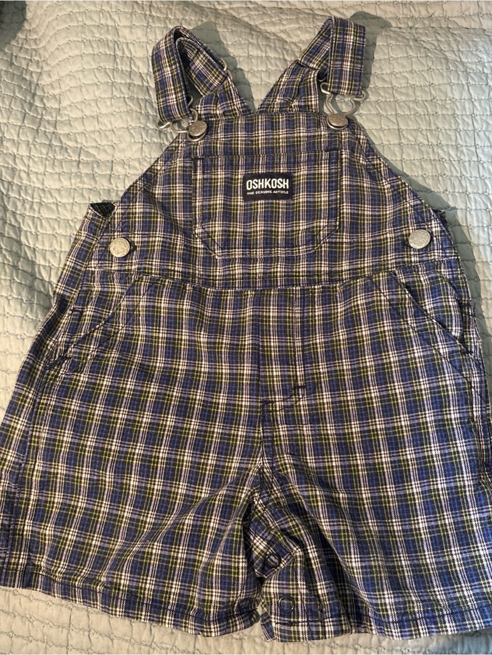 Vintage OshKosh B'Gosh Blue and Green Plaid Shortalls, Baby Boy, 12 mos, Vestbak